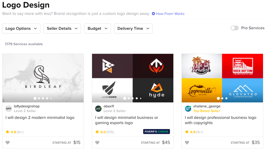 Screenshot of Fiverr's search engine for logos