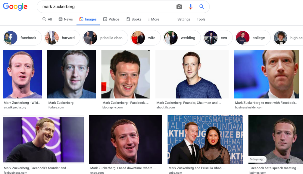 Screenshot of a Google image search of Mark Zuckerberg